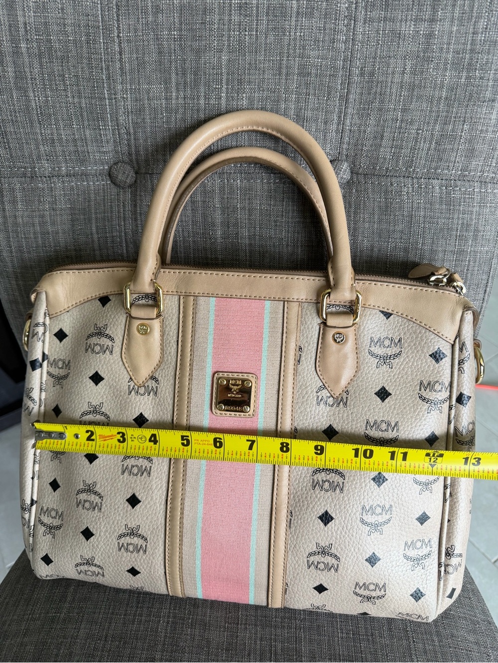 MCM Beige Satchel with Pink and Mint Center Stripe - Picture 11 of 15